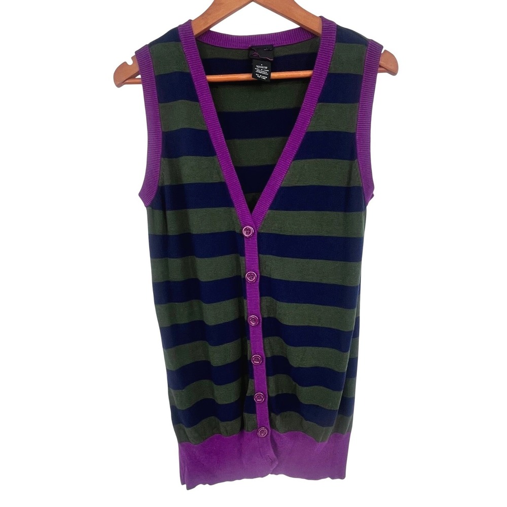 Hot Topic Cardigan Vest Women Large Navy Green Purple Striped Dark Academia Mod